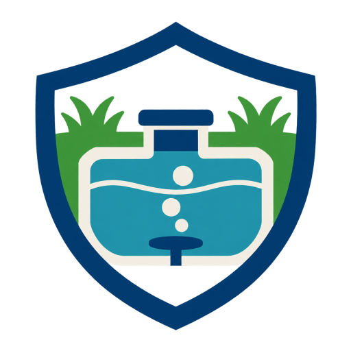 Aerobic Septic Owner logo with shield, treatment tank, and aeration bubbles