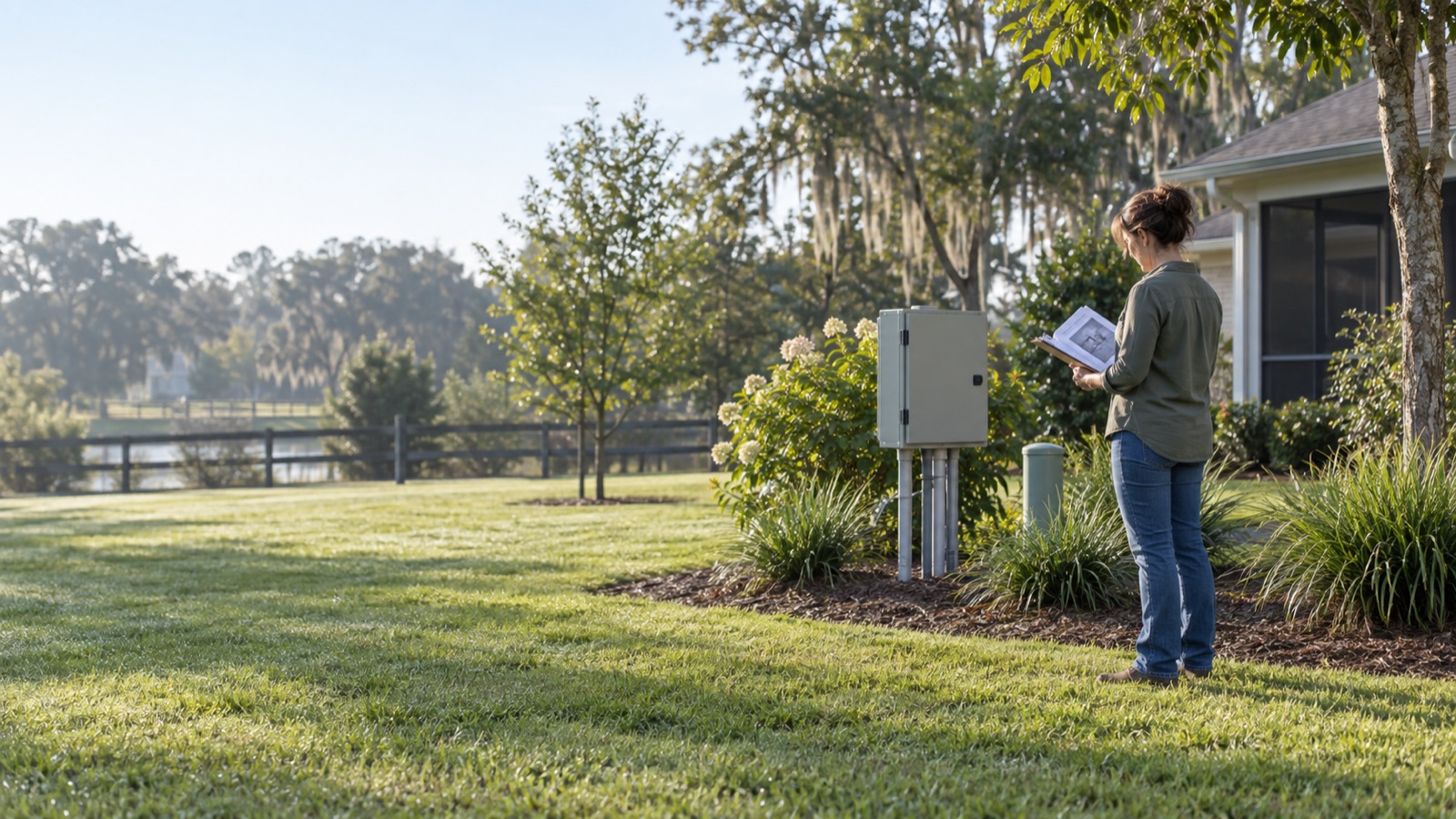 Homeowner reviewing an aerobic septic system manual beside a closed outdoor control panel