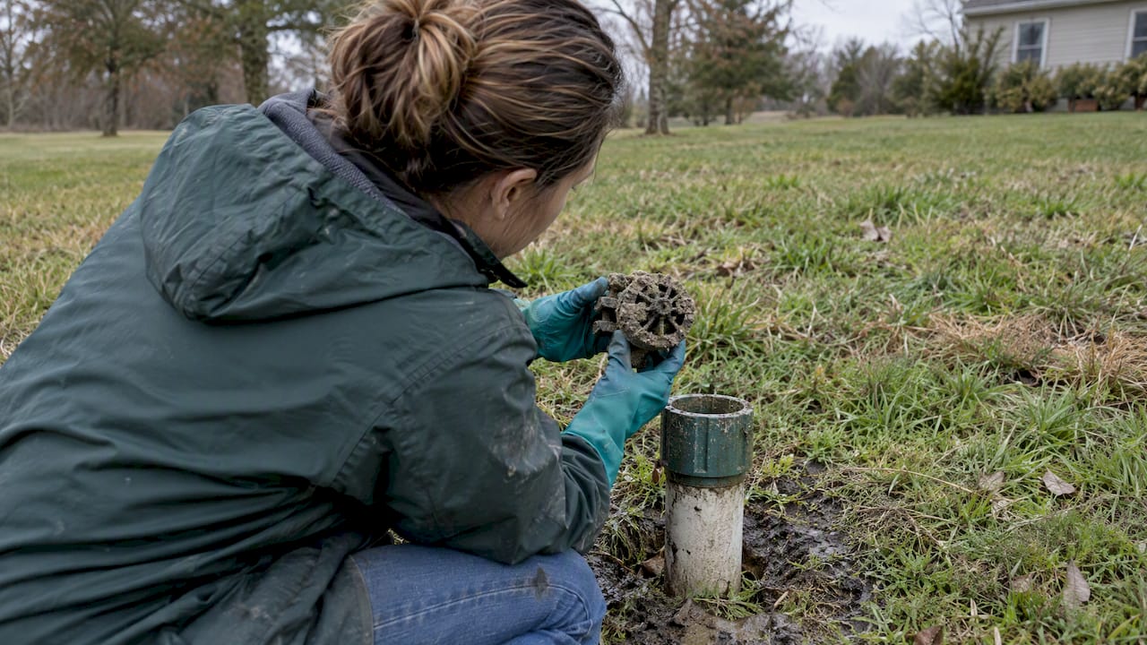 Homeowner inspecting clogged septic sprinkler head