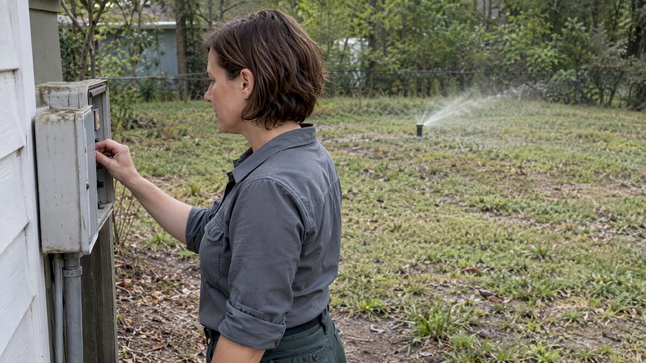 Homeowner watching septic sprinkler test cycle
