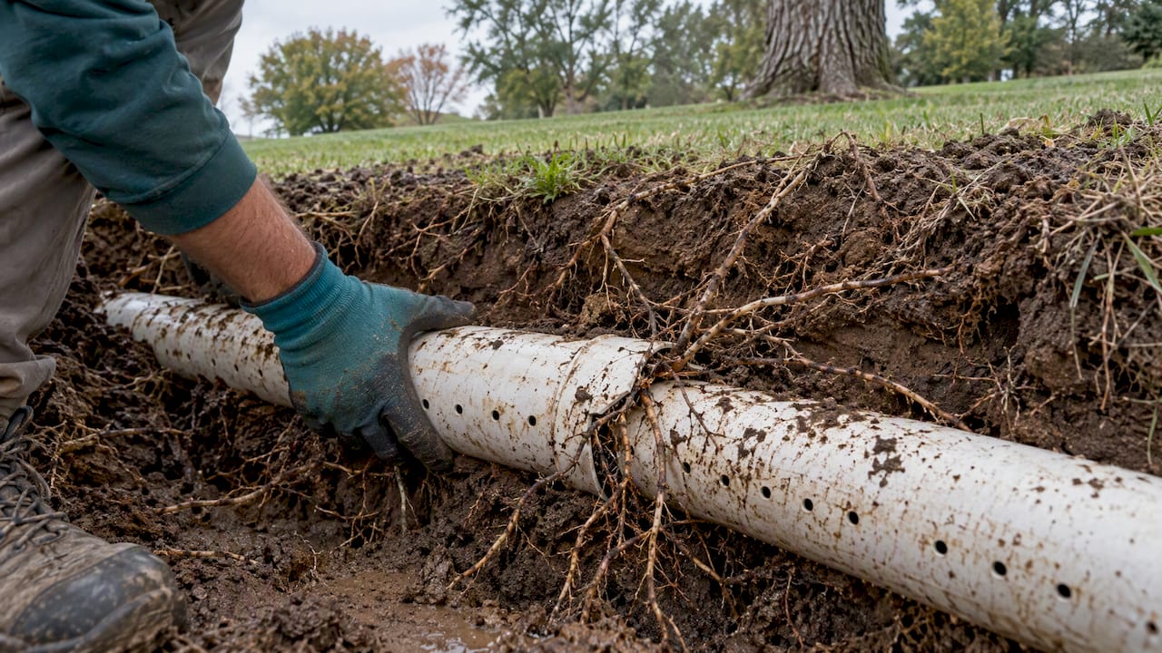Tree roots entering septic drainfield pipe