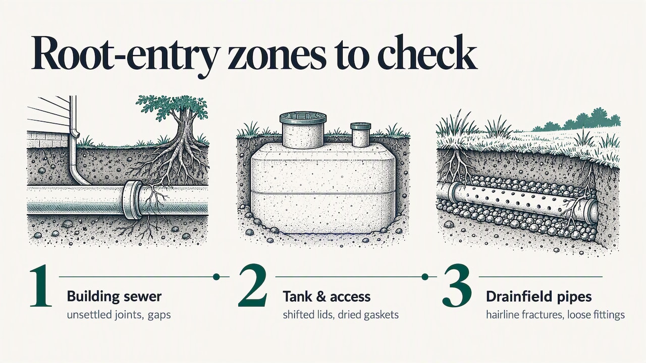 Three septic system root entry zones
